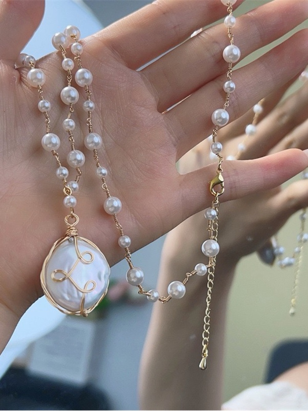 Baroque Pearl Pendant Long Necklace Gold Tone